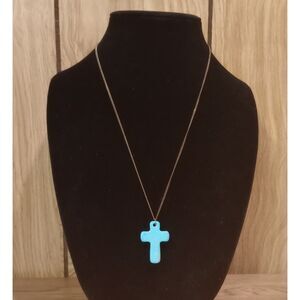 Vintage Faux Turquoise Blue Stone Cross Pendant 22-24" Brass Chain Necklace